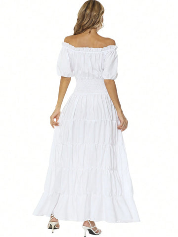Medieval Style Solid Color Simple Daily Off Shoulder Dress For Women