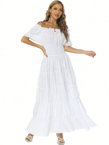 Medieval Style Solid Color Simple Daily Off Shoulder Dress For Women
