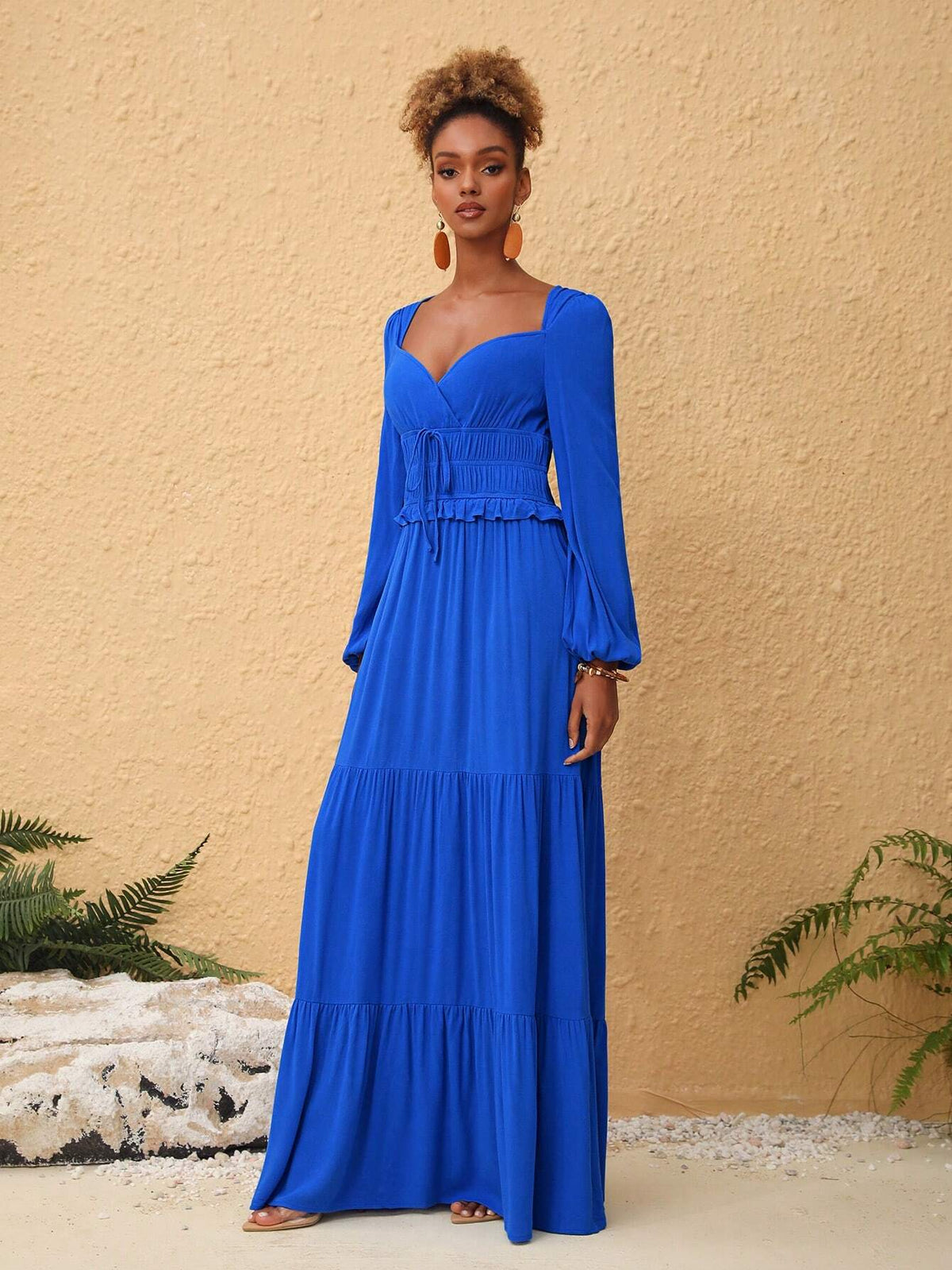 Merline Labissiere Solid Color Rhinestone Collar Lantern Sleeve Maxi Dress