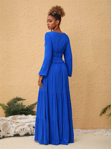 Merline Labissiere Solid Color Rhinestone Collar Lantern Sleeve Maxi Dress
