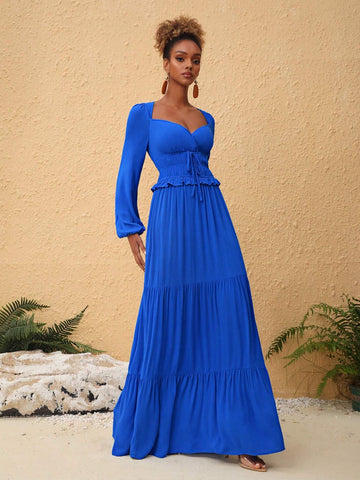 Merline Labissiere Solid Color Rhinestone Collar Lantern Sleeve Maxi Dress