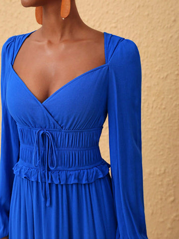 Merline Labissiere Solid Color Rhinestone Collar Lantern Sleeve Maxi Dress
