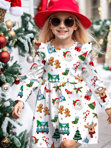 Merry And Bright Gingerbread, Snowman, Reindeer Printed Long Sleeve Sweet Cartoon Bow Dress For Young Girls, Suitable For Autumn/Winter