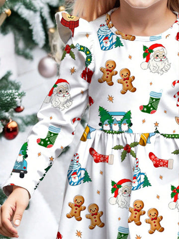 Merry And Bright Gingerbread, Snowman, Reindeer Printed Long Sleeve Sweet Cartoon Bow Dress For Young Girls, Suitable For Autumn/Winter