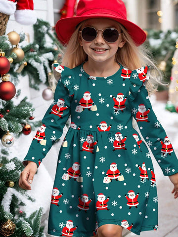 Merry Christmas, Santa Claus Print, Young Girl Sweet Bow Cartoon Print Fashionable Long Sleeve Dress, Suitable For Autumn And Winter