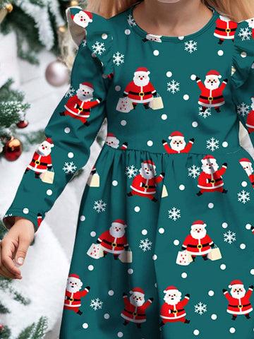 Merry Christmas, Santa Claus Print, Young Girl Sweet Bow Cartoon Print Fashionable Long Sleeve Dress, Suitable For Autumn And Winter