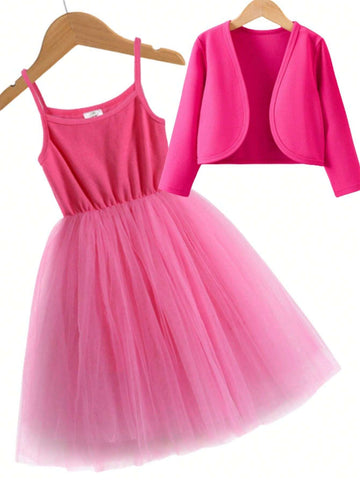 Mesh Contrast Dress For Young Girls Partygoers Dress Up Shawl Coat + Halter Dress 2Pcs Outfit Children Gifts Young Girls Rose Dresses