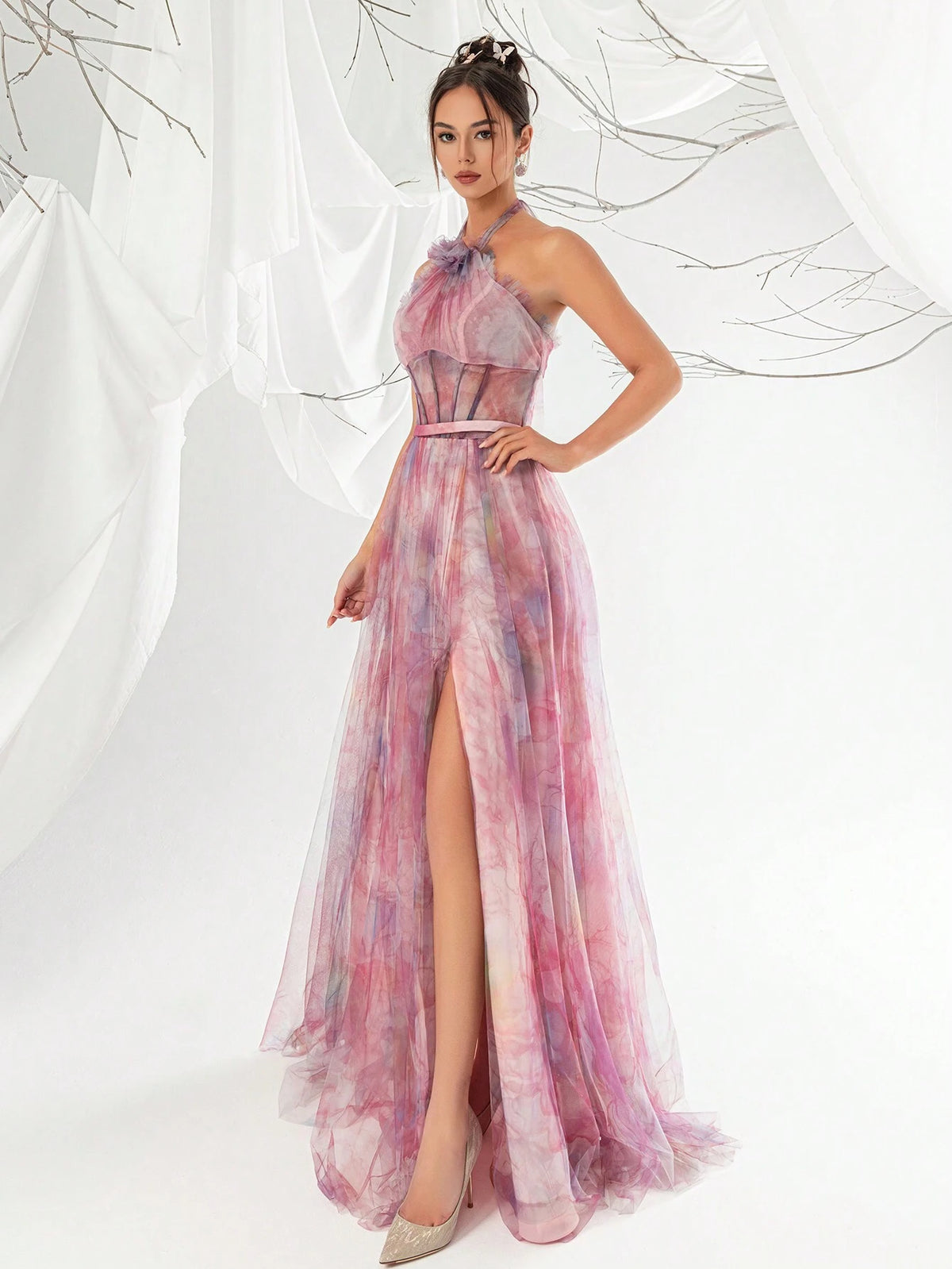 Mesh Halter Neck Elegant Women's Evening Party Maxi Dress