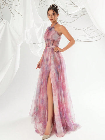 Mesh Halter Neck Elegant Women's Evening Party Maxi Dress