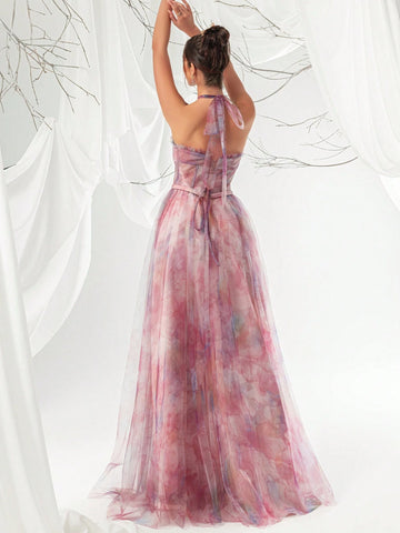 Mesh Halter Neck Elegant Women's Evening Party Maxi Dress