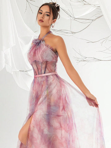 Mesh Halter Neck Elegant Women's Evening Party Maxi Dress