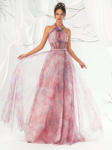 Mesh Halter Neck Elegant Women's Evening Party Maxi Dress