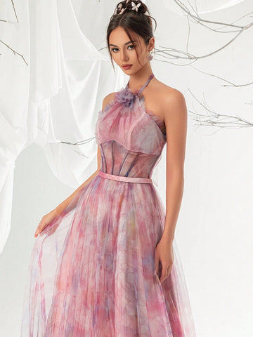 Mesh Halter Neck Elegant Women's Evening Party Maxi Dress