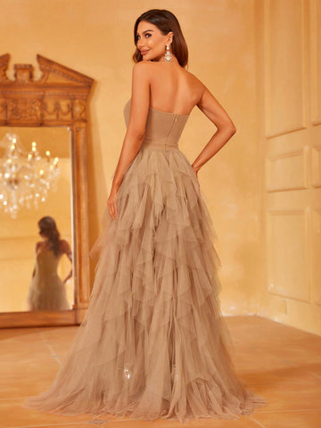 Mesh Hem Tube Formal Dress