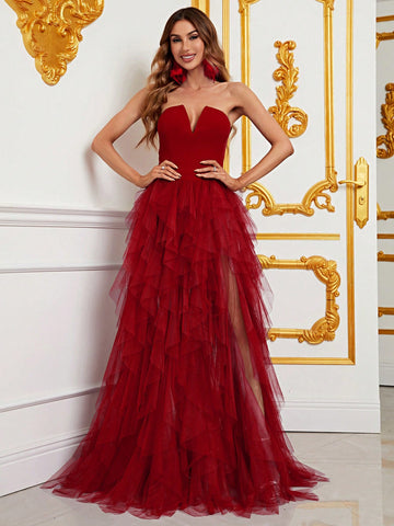 Mesh Hem Tube Wedding Dress