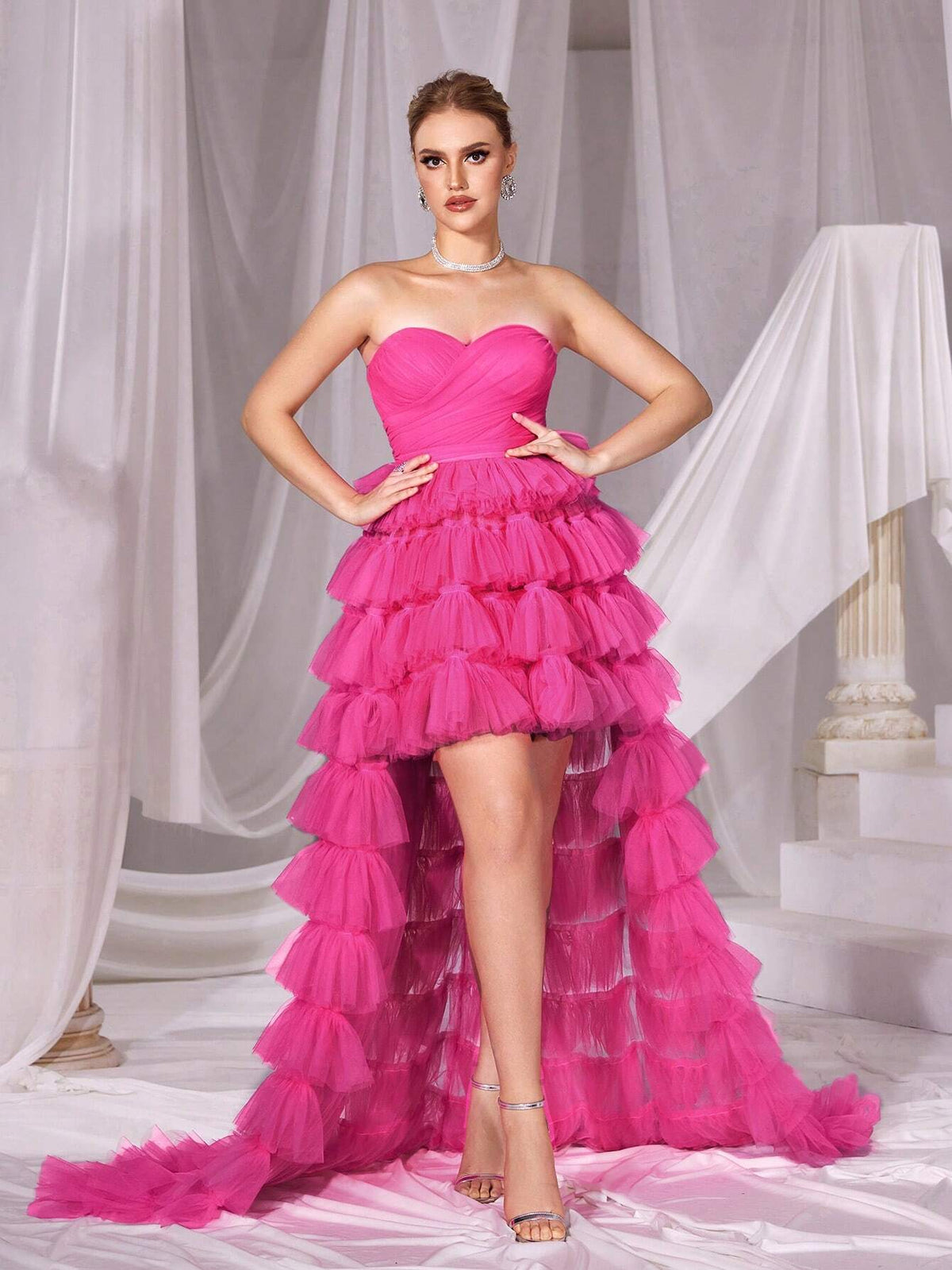 Mesh High Low Hem Tube Prom Dress