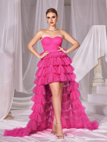 Mesh High Low Hem Tube Prom Dress