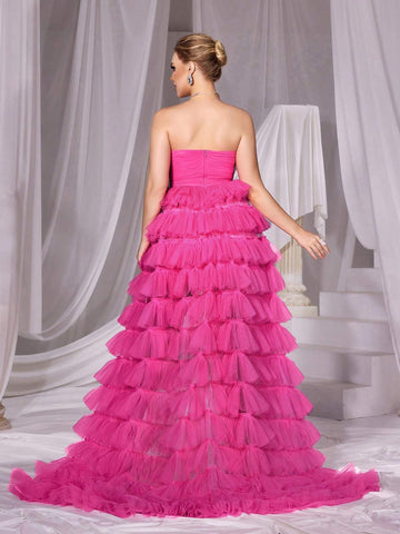 Mesh High Low Hem Tube Prom Dress