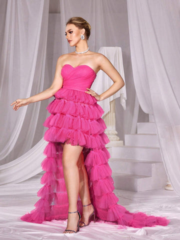 Mesh High Low Hem Tube Prom Dress