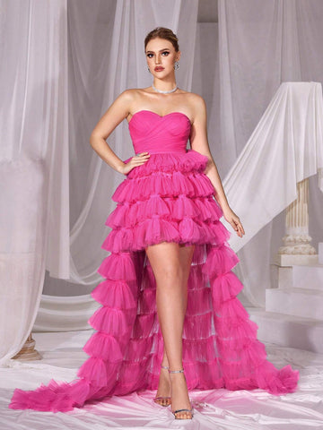 Mesh High Low Hem Tube Prom Dress