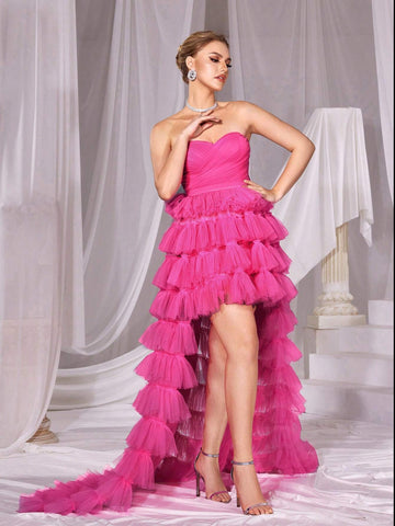 Mesh High Low Hem Tube Prom Dress