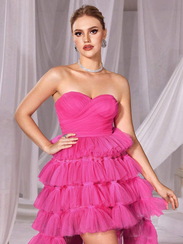 Mesh High Low Hem Tube Prom Dress