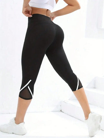 Mesh High Waist Yoga Pants Capri Leggings For Women, Tummy Control Workout Capri Leggings