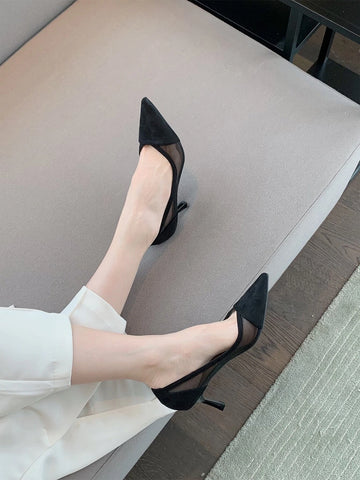 Mesh Insert Point Toe Stiletto Heeled Court Pumps, Black Elegant Solid Color High Heel Shoes For Women