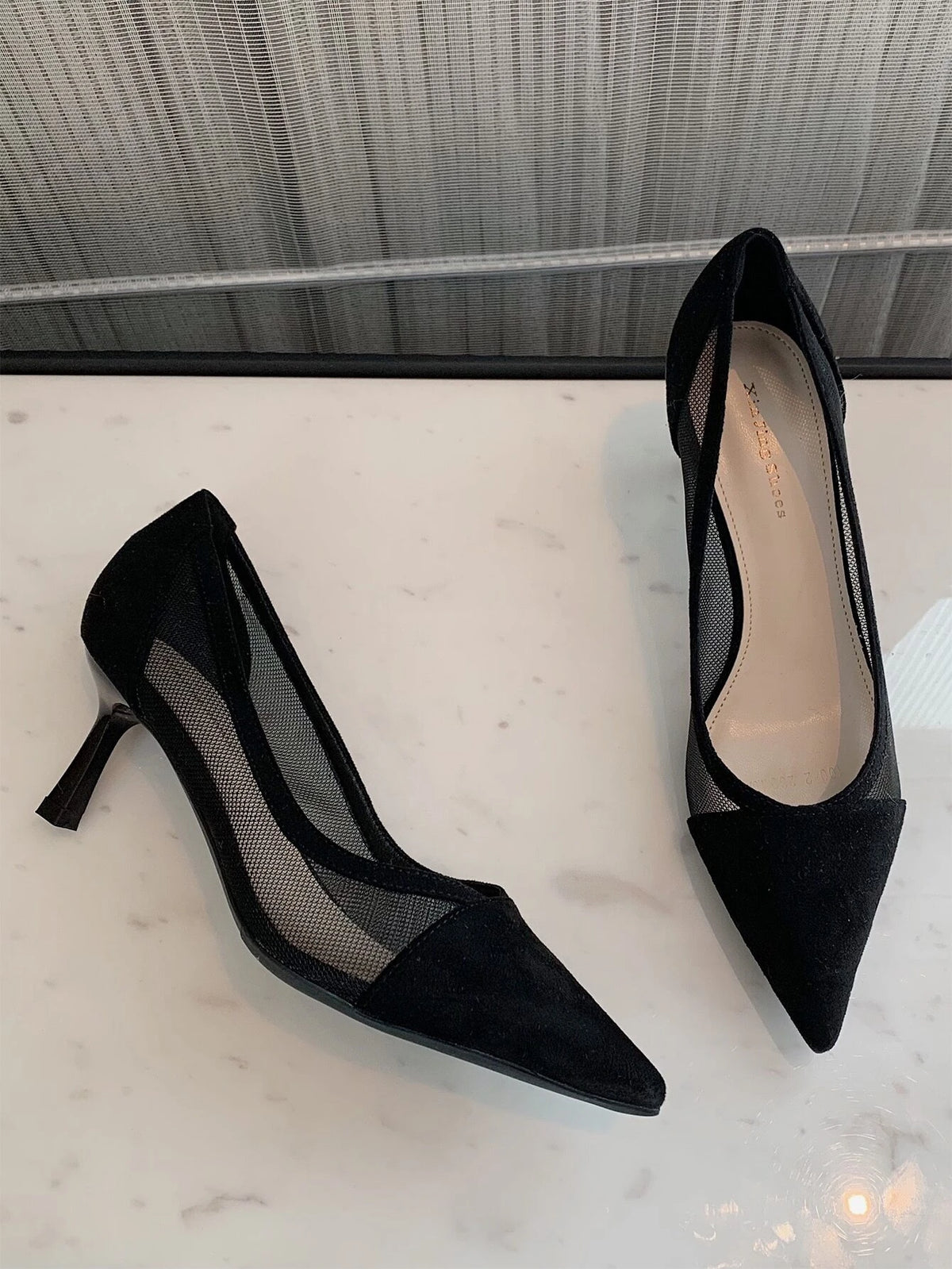 Mesh Insert Point Toe Stiletto Heeled Court Pumps, Black Elegant Solid Color High Heel Shoes For Women
