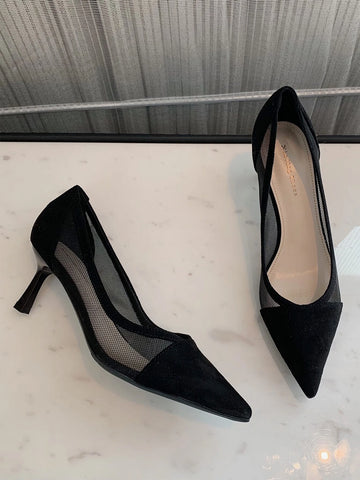 Mesh Insert Point Toe Stiletto Heeled Court Pumps, Black Elegant Solid Color High Heel Shoes For Women