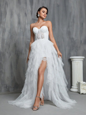 Mesh Overlay Hem Split Thigh Tube Wedding Prom Party Dress