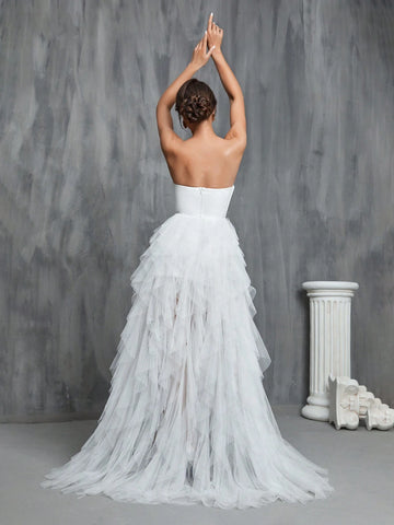 Mesh Overlay Hem Split Thigh Tube Wedding Prom Party Dress