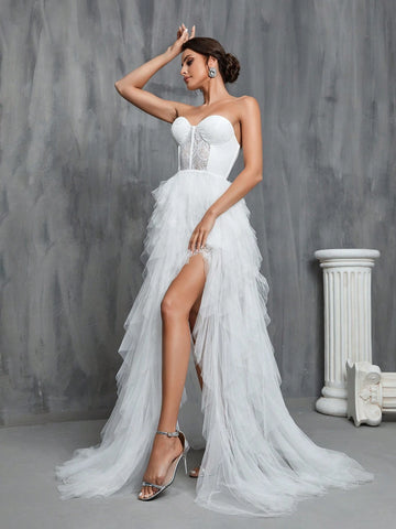Mesh Overlay Hem Split Thigh Tube Wedding Prom Party Dress
