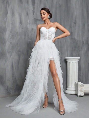 Mesh Overlay Hem Split Thigh Tube Wedding Prom Party Dress