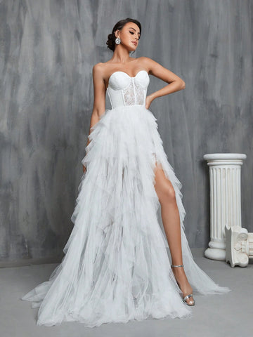 Mesh Overlay Hem Split Thigh Tube Wedding Prom Party Dress