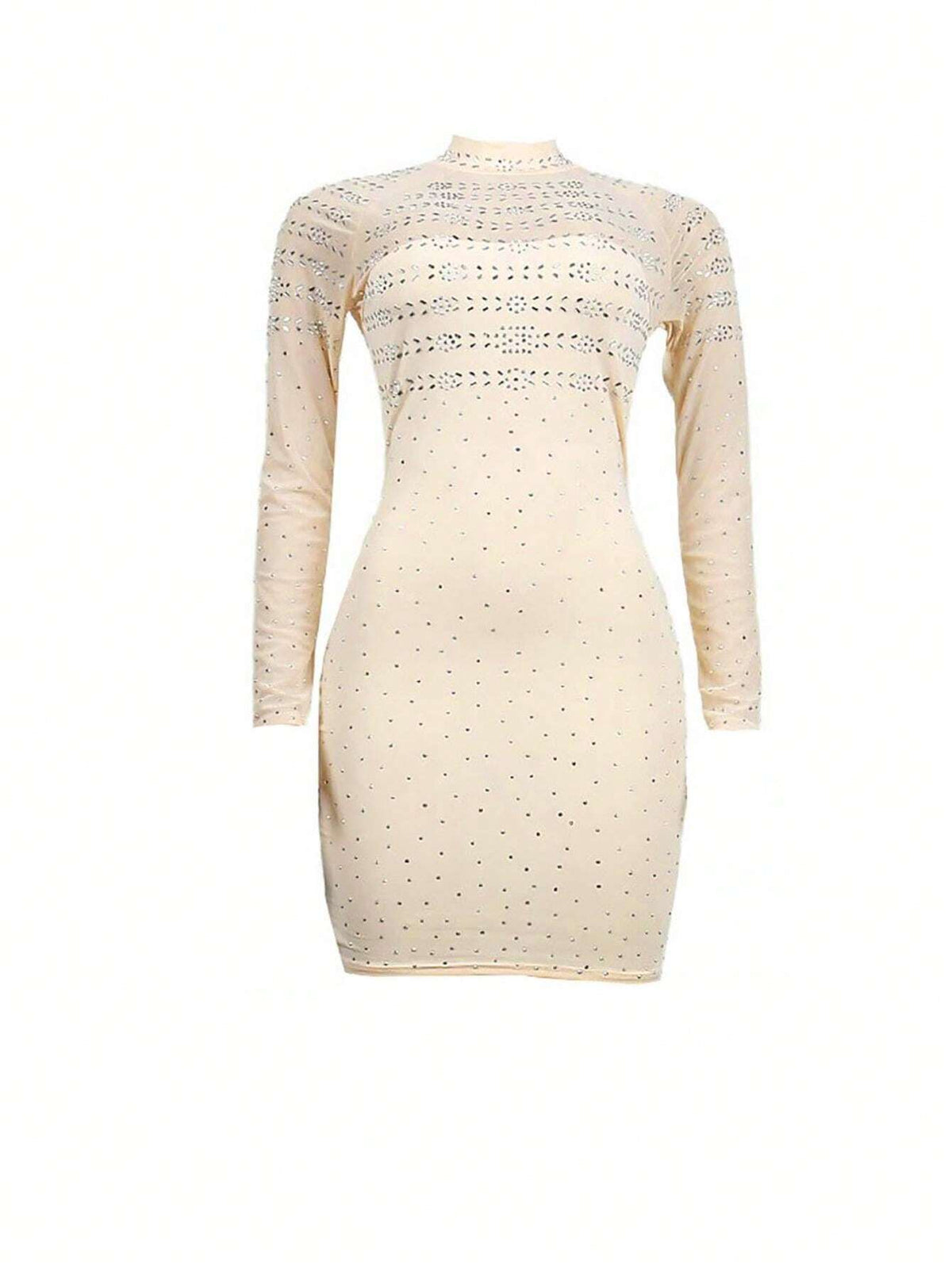 Mesh Panel Rhinestone Decor Round Neck Long Sleeve Fitted Party & Banquet Dress