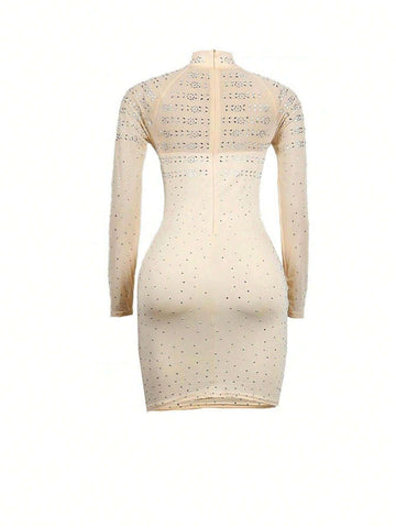 Mesh Panel Rhinestone Decor Round Neck Long Sleeve Fitted Party & Banquet Dress