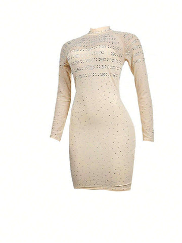 Mesh Panel Rhinestone Decor Round Neck Long Sleeve Fitted Party & Banquet Dress