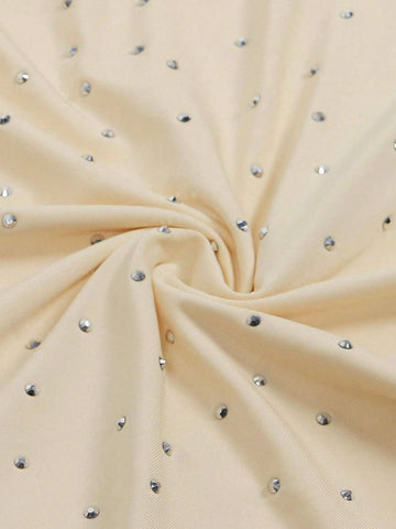 Mesh Panel Rhinestone Decor Round Neck Long Sleeve Fitted Party & Banquet Dress