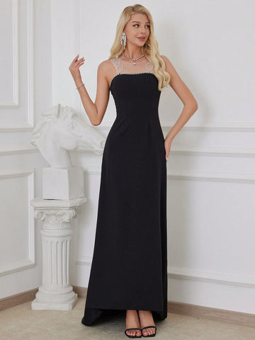 Mesh Panel Studded Sleeveless High Low Elegant Dress With Beading Details