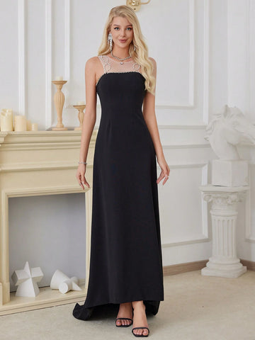 Mesh Panel Studded Sleeveless High Low Elegant Dress With Beading Details