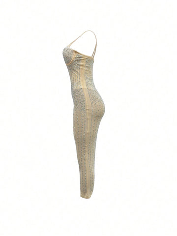 Mesh Perspective Diamond-Studded Spaghetti Strap Dress