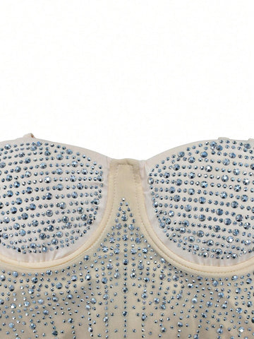 Mesh Perspective Diamond-Studded Spaghetti Strap Dress