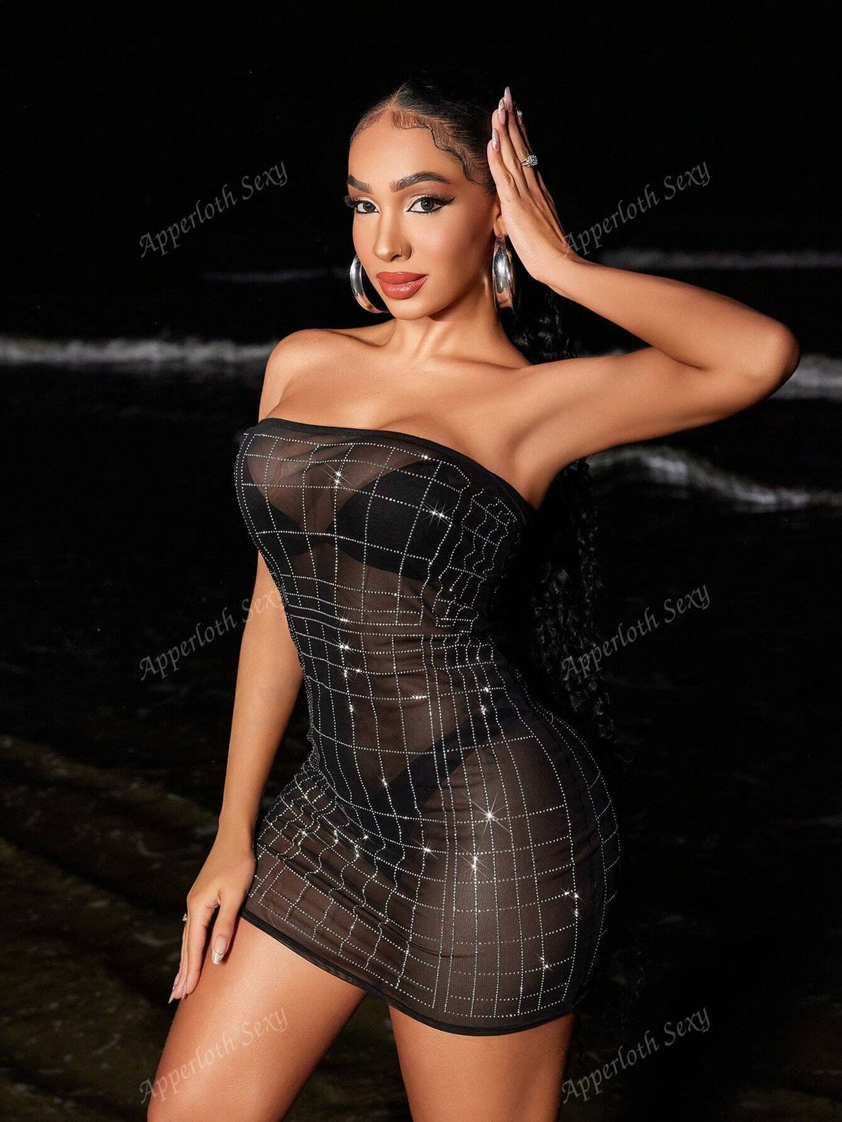 Mesh See-Through Shiny Rhinestone Plaid Pattern Bodycon Mini Party Tube Dress