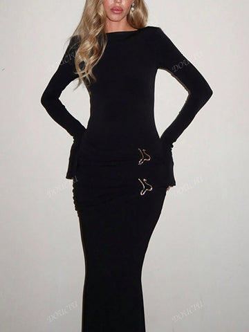 Metal Decor Round Neck Slim Fit Long Sleeve Casual Dress
