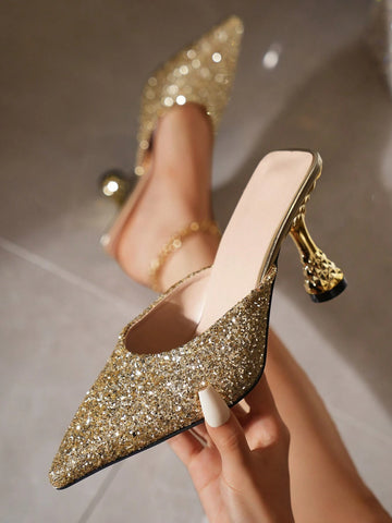 Metallic Gold Sparkling Sequin Party Pumps, Pointed Toe With Ankle Strap,