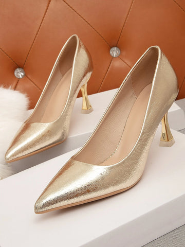 Metallic Mid Heeled Court Pumps,Autumn and winter new party casual non-slip wear-resistant pointed gold metal material electroplated high heels single shoes