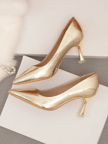 Metallic Mid Heeled Court Pumps,Autumn and winter new party casual non-slip wear-resistant pointed gold metal material electroplated high heels single shoes