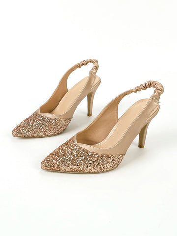 Metallic Point Toe Stiletto Heeled Sequin Slingback Pumps