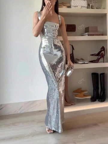 Metallic Sequin Square Neckline Fishtail Backless Sleeveless Cocktail Dress